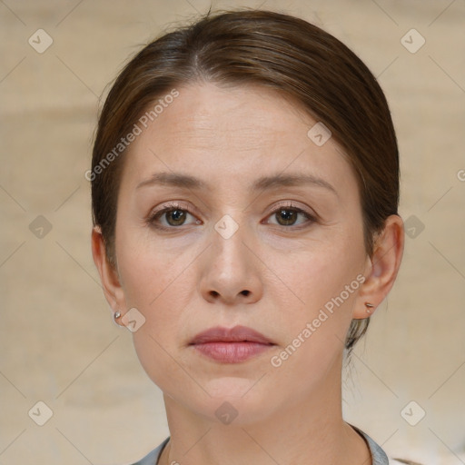 Neutral white young-adult female with short  brown hair and brown eyes