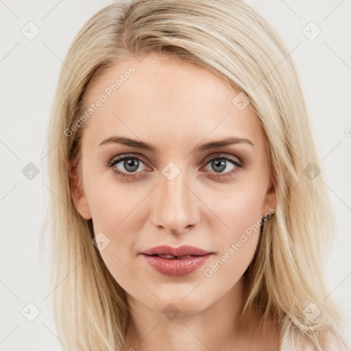 Joyful white young-adult female with long  brown hair and blue eyes