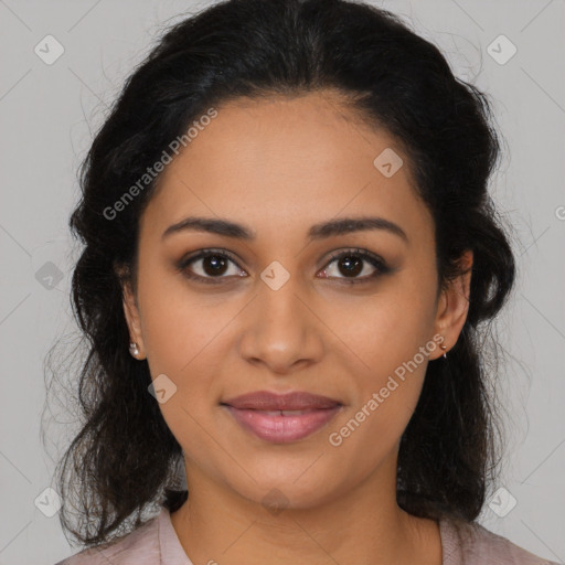 Joyful latino young-adult female with medium  brown hair and brown eyes