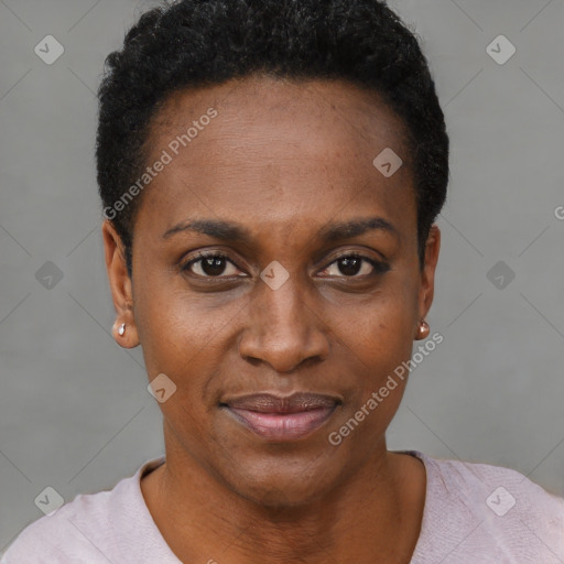 Joyful black adult female with short  black hair and brown eyes