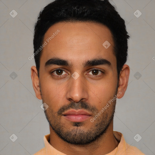 Neutral latino young-adult male with short  black hair and brown eyes