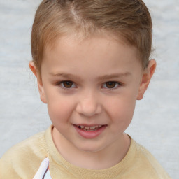 Joyful white child female with short  brown hair and brown eyes