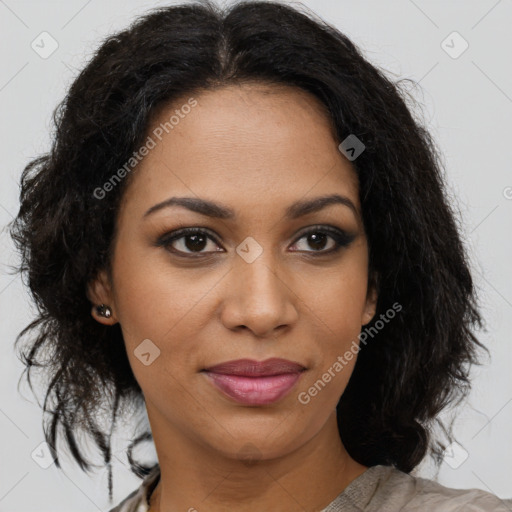 Joyful black young-adult female with medium  brown hair and brown eyes