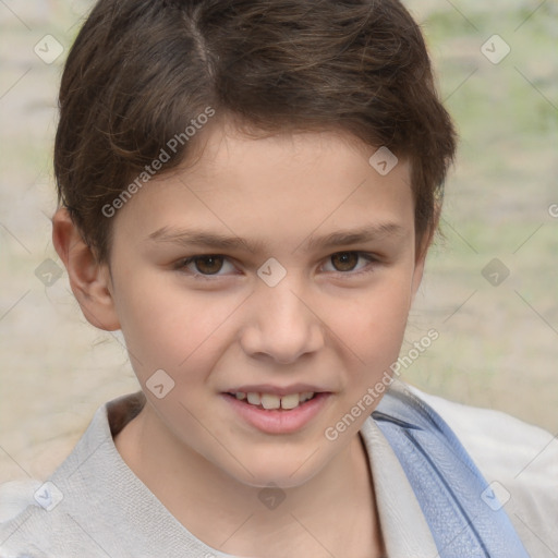 Joyful white child female with short  brown hair and brown eyes