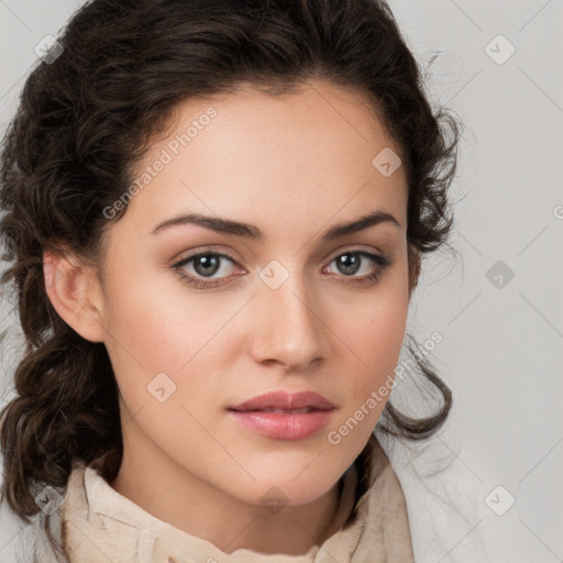 Neutral white young-adult female with medium  brown hair and brown eyes