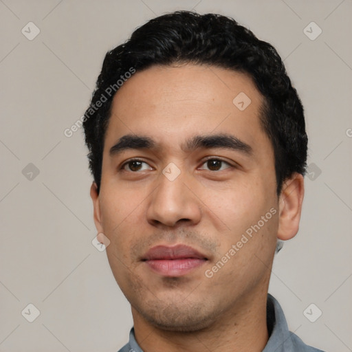 Neutral latino young-adult male with short  black hair and brown eyes