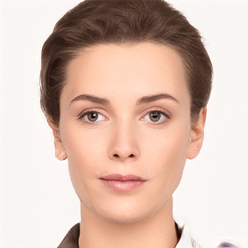 Neutral white young-adult female with short  brown hair and brown eyes