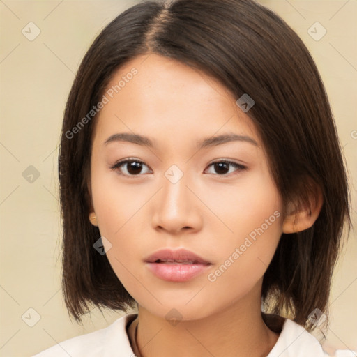 Neutral asian young-adult female with medium  brown hair and brown eyes