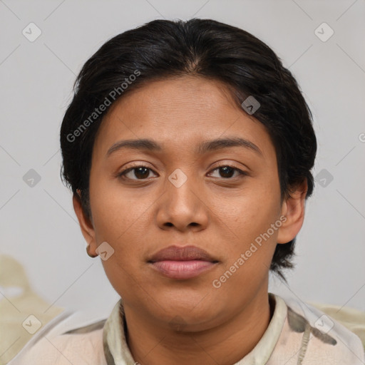 Neutral asian young-adult female with short  brown hair and brown eyes