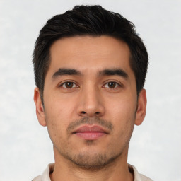 Neutral asian young-adult male with short  black hair and brown eyes