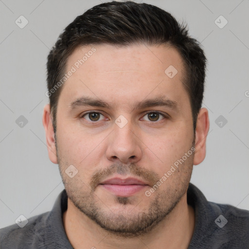 Neutral white young-adult male with short  brown hair and brown eyes