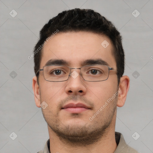 Neutral white young-adult male with short  brown hair and brown eyes
