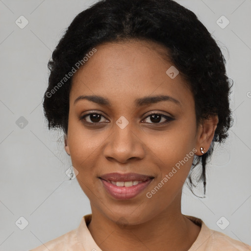 Joyful latino young-adult female with medium  black hair and brown eyes