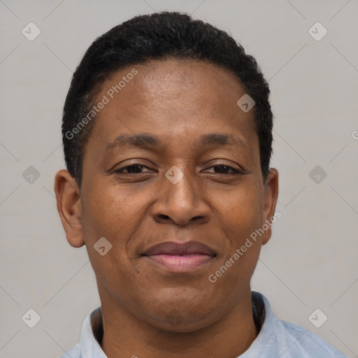 Joyful latino young-adult female with short  black hair and brown eyes