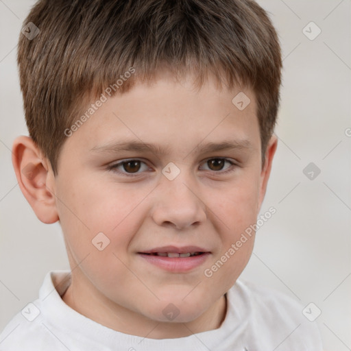 Joyful white child male with short  brown hair and brown eyes