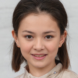 Joyful white child female with medium  brown hair and brown eyes