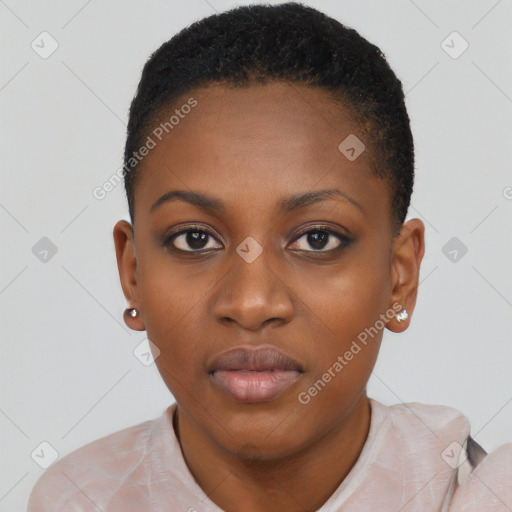 Neutral black young-adult female with short  black hair and brown eyes