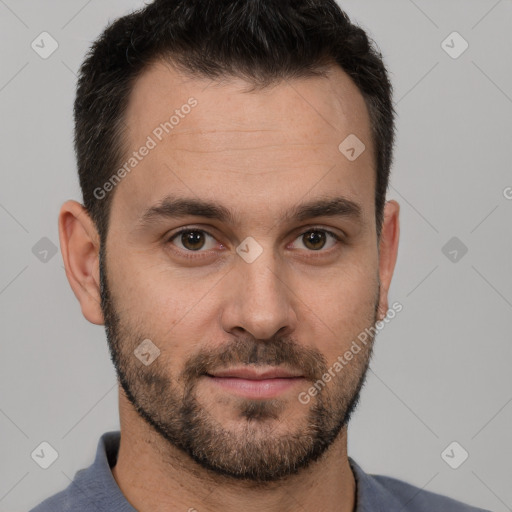 Neutral white young-adult male with short  brown hair and brown eyes