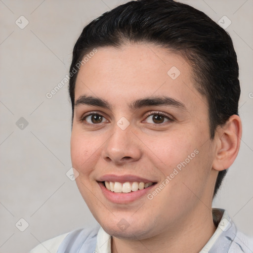 Joyful white young-adult male with short  brown hair and brown eyes