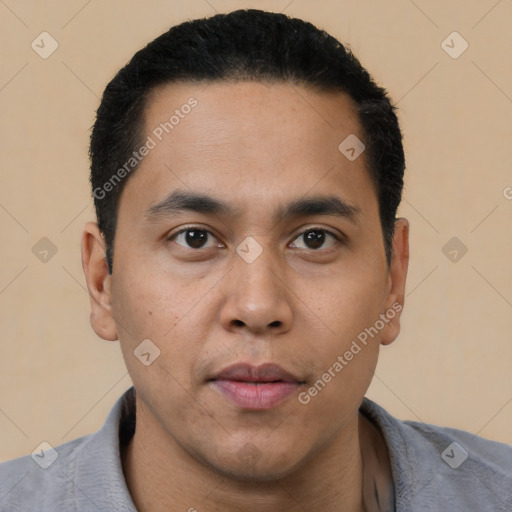 Neutral asian young-adult male with short  black hair and brown eyes