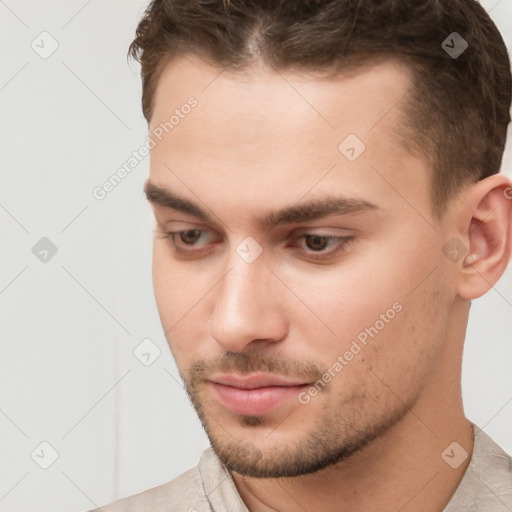 Neutral white young-adult male with short  brown hair and brown eyes