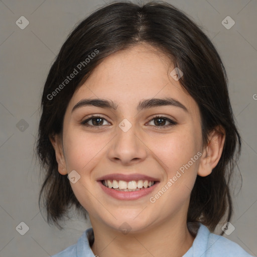 Joyful white young-adult female with medium  brown hair and brown eyes