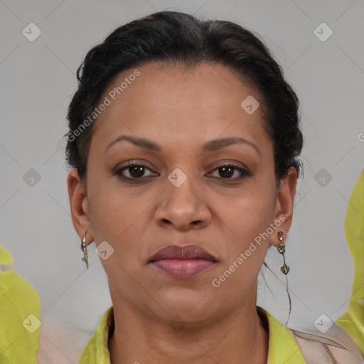 Joyful black adult female with short  brown hair and brown eyes