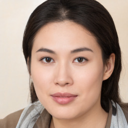 Neutral asian young-adult female with medium  brown hair and brown eyes