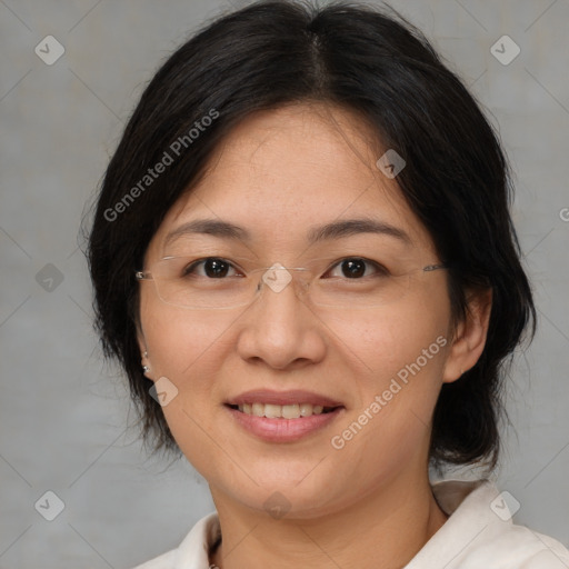 Joyful asian adult female with medium  brown hair and brown eyes