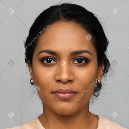 Joyful latino young-adult female with long  black hair and brown eyes