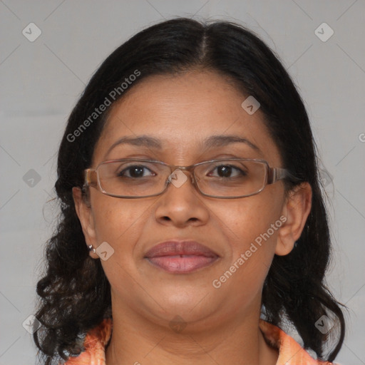 Joyful white adult female with medium  brown hair and brown eyes