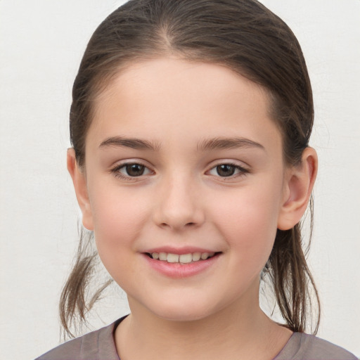 Joyful white child female with medium  brown hair and brown eyes