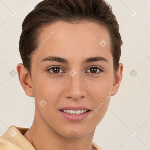 Joyful white young-adult female with short  brown hair and brown eyes