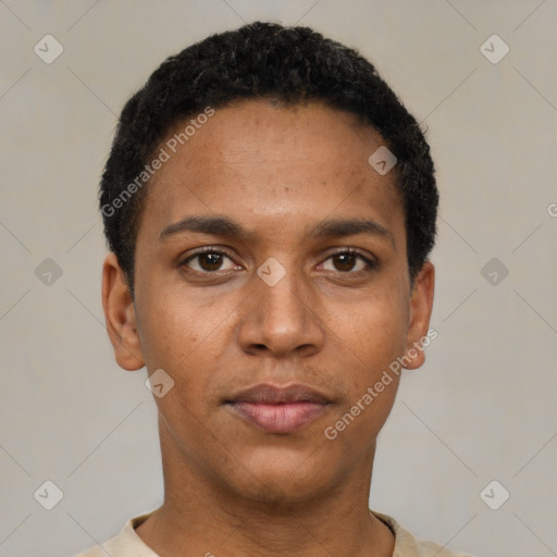 Neutral black young-adult male with short  black hair and brown eyes