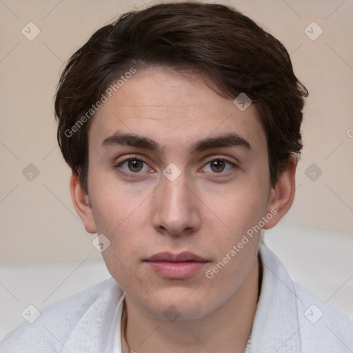 Neutral white young-adult male with short  brown hair and brown eyes