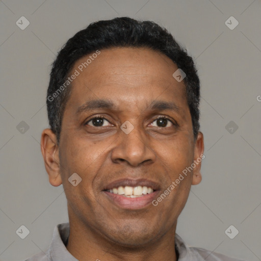 Joyful black adult male with short  brown hair and brown eyes