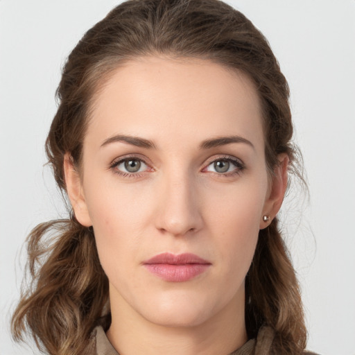 Neutral white young-adult female with medium  brown hair and grey eyes