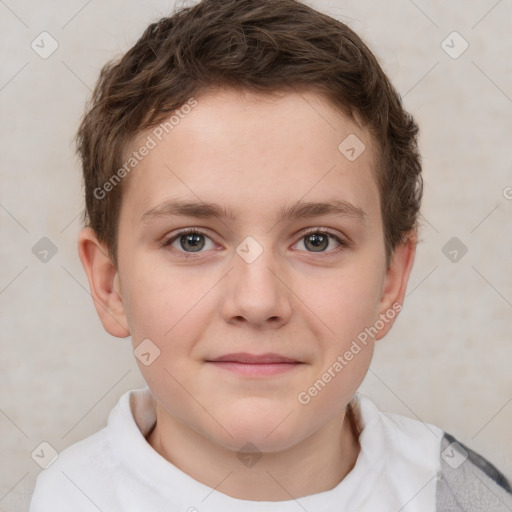 Joyful white child male with short  brown hair and brown eyes