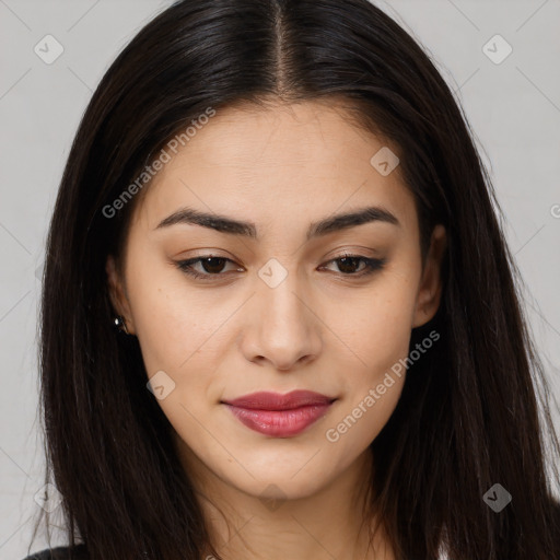 Joyful asian young-adult female with long  brown hair and brown eyes