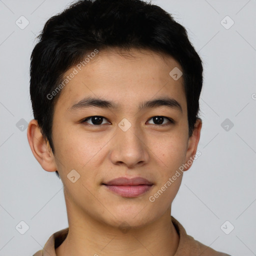 Joyful asian young-adult male with short  brown hair and brown eyes