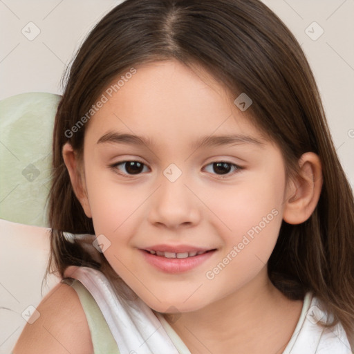 Joyful white child female with medium  brown hair and brown eyes