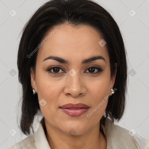 Joyful latino young-adult female with medium  brown hair and brown eyes