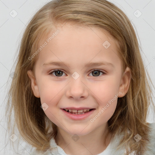 Joyful white child female with medium  brown hair and brown eyes