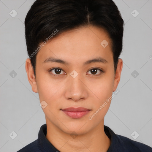 Joyful asian young-adult female with short  brown hair and brown eyes