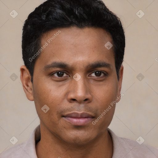 Neutral latino young-adult male with short  black hair and brown eyes