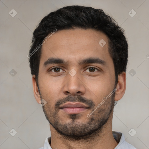 Neutral latino young-adult male with short  black hair and brown eyes