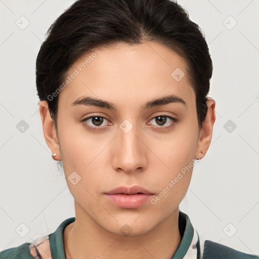 Neutral white young-adult female with short  brown hair and brown eyes