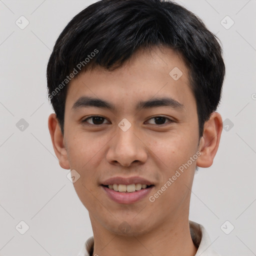 Joyful white young-adult male with short  black hair and brown eyes