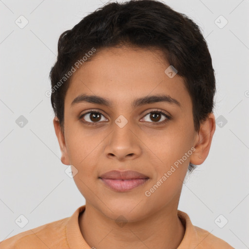 Joyful latino young-adult female with short  brown hair and brown eyes