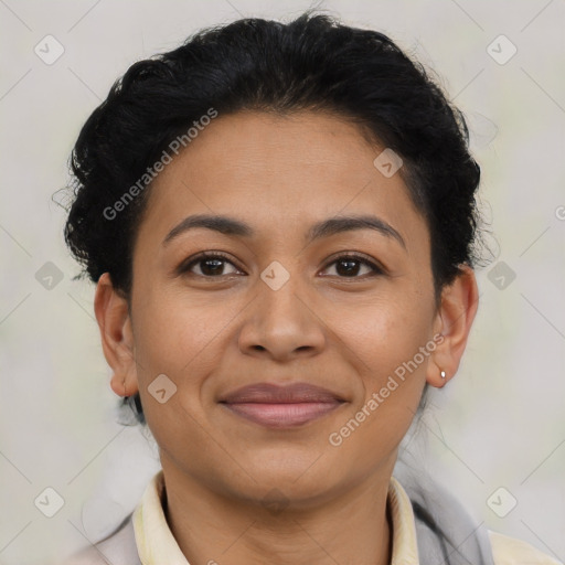 Joyful latino young-adult female with short  brown hair and brown eyes